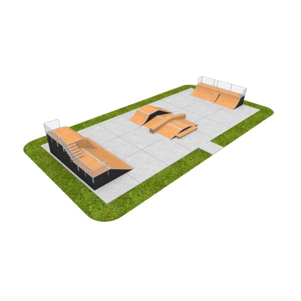 Skate Park 12 s různými rampami a zábradlími na betonovém podkladu, obklopené trávou