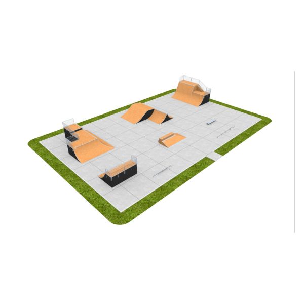 Skate Park 13 s rampami a zábradlími na betonovém povrchu'