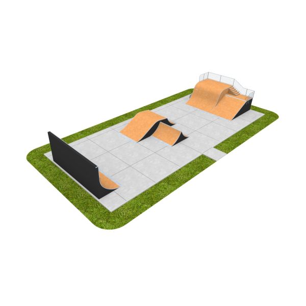 Skate Park 14 s různými rampami, zábradlími a skateboardovými překážkami na betonové plošině kolem