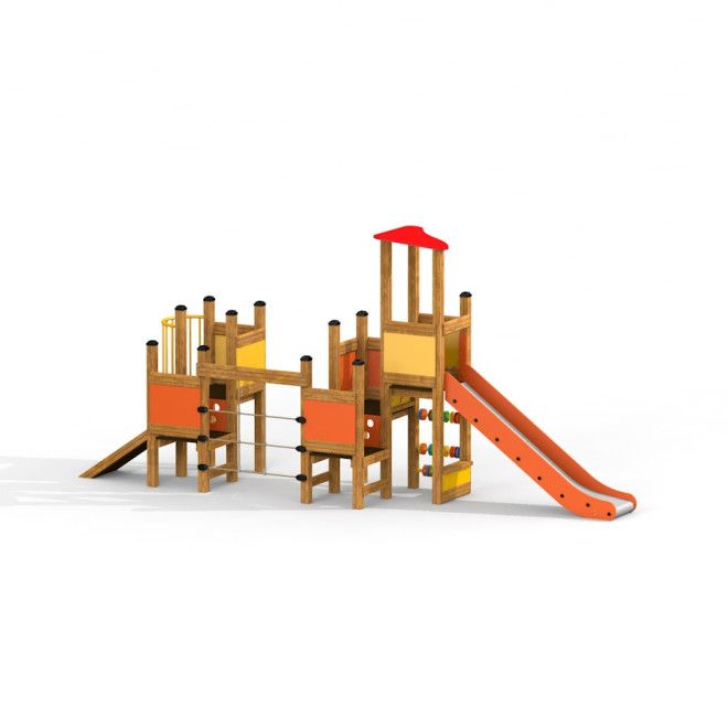 Tower with Slide lezecká herní konstrukce s oranžovou skluzavkou a dřevěným rámem