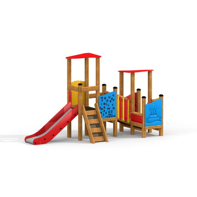 Venkovní herní vybavení Towers with Slide & Educational Boards s červenými střechami a skluzavkou.