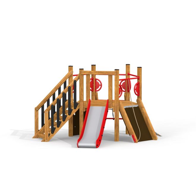 Six Angle w/ Stairs & Slide (H90) wooden playhouse s červenou skluzavkou a lezeckými schody