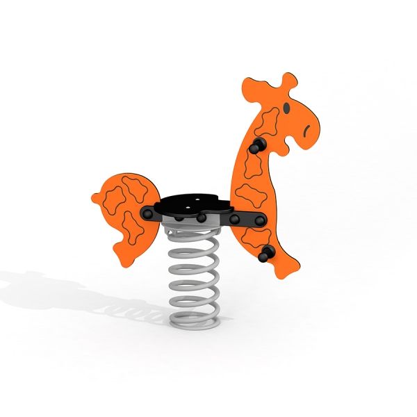 Oranžové zvířátko Giraffe rocking na hřiště s kovovou pružinovou základnou.