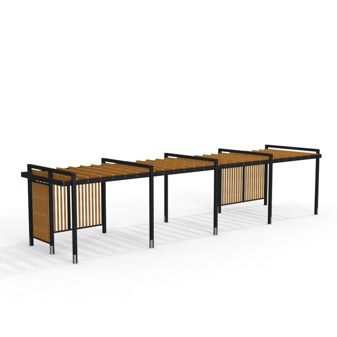Pergola IV - moderní venkovní pergola s dřevěnými lamelami a černým kovovým rámem