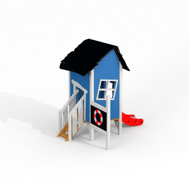 Lena's playhouse with a slide v modré a bílé barvě, se schody a červenou skluzavkou.