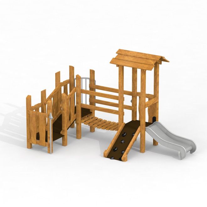 Smart wooden playhouse with slide Uvala herní vybavení vyrobené z přírodního dřeva a s kovovou skluzavkou