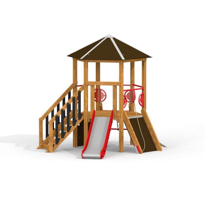 Six Angle w/ Stairs & Slide (H90) wooden playhouse s lezeckými schody a klouzačkou pro děti