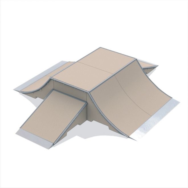 Struktura skateparkové rampy Fun Box type 2 s více sklony a plošinami.