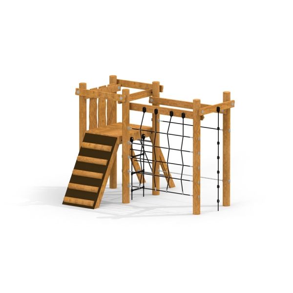 Serengeti wooden playhouse s lezeckou sítí a žebříkem.