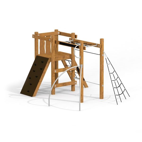 Stranda wooden playhouse s lezeckou stěnou a lanovým žebříkem