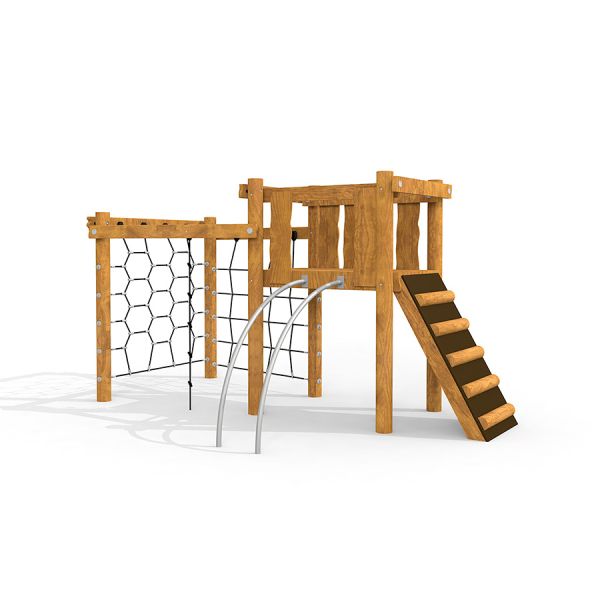 Kampinos wooden playhouse s lezeckou sítí a žebříkem.