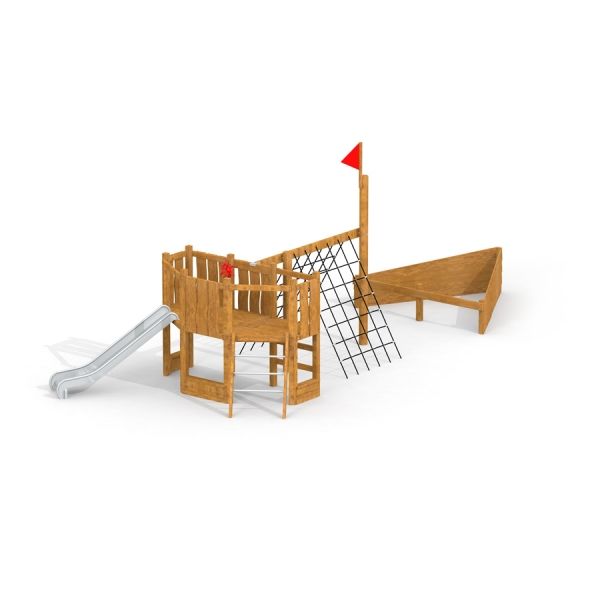 Nature Ship Sandbox, wooden playhouse se skluzavkou a lezeckou sítí.