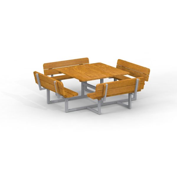 Sada Quadro Table & Bench s dřevěnými sedáky a stolem na kovovém rámu.