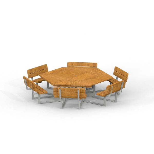 Šestiúhelníkový dřevěný Table & Bench 6 Seats s kovovým rámem.