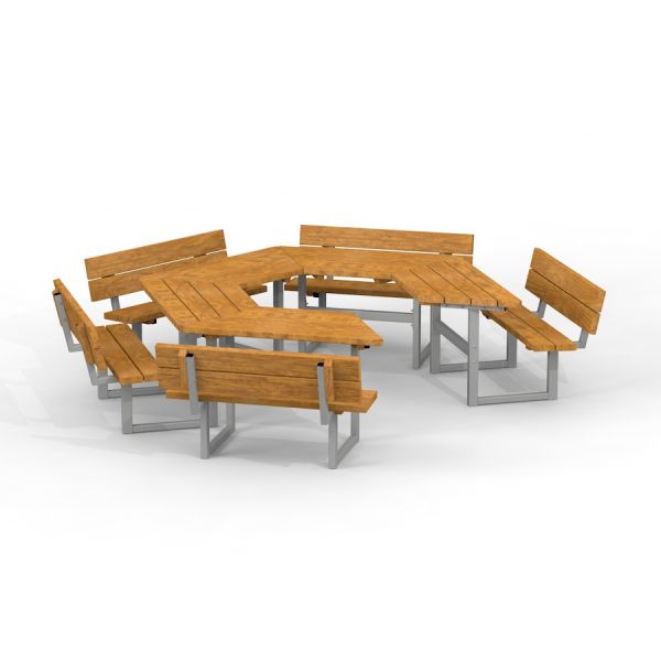 School Table & Bench s dřevěnými sedadly a kovovými rámy uspořádaný do šestiúhelníkového tvaru.