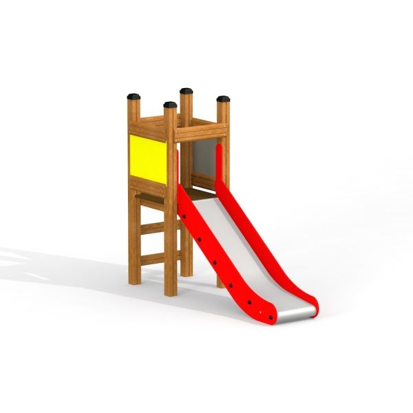 Toddler Tower Slide s červenou skluzavkou a dřevěným žebříkem.