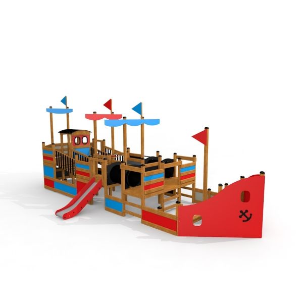 Barevná herní konstrukce ve tvaru lodi se skluzavkou, nazvaná Bounty ship with slide.