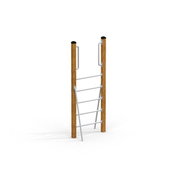 Vertical wooden ladder s kovovými stupni.
