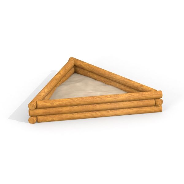 Triangle Sandbox vyrobený z dřevěných klád vyplněných pískem.