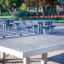 Concrete table tennis, free-standing v venkovním parku s rozmazaným pozadím.
