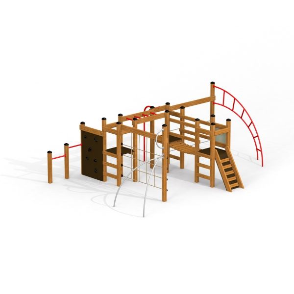 Panther wooden playhouse pro děti s lezeckými prvky a skluzavkami.