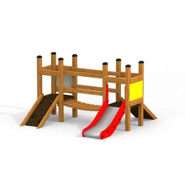 Dřevěná herní konstrukce Mini play se skluzavkami a lezeckými rampami.