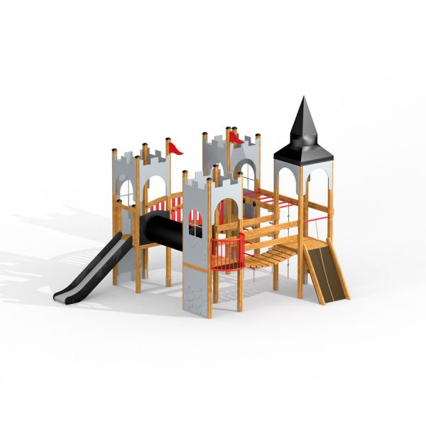 Hřiště s motivem hradu se skluzavkou a lezeckými prvky od Camelot castle with slide.