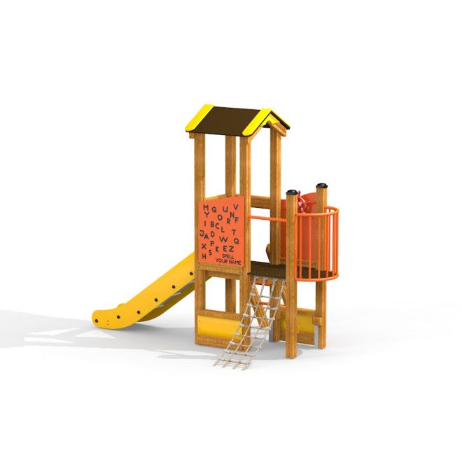 Pixie playhouse with slide dřevěná herní konstrukce s lezeckou sítí a spirálovou skluzavkou