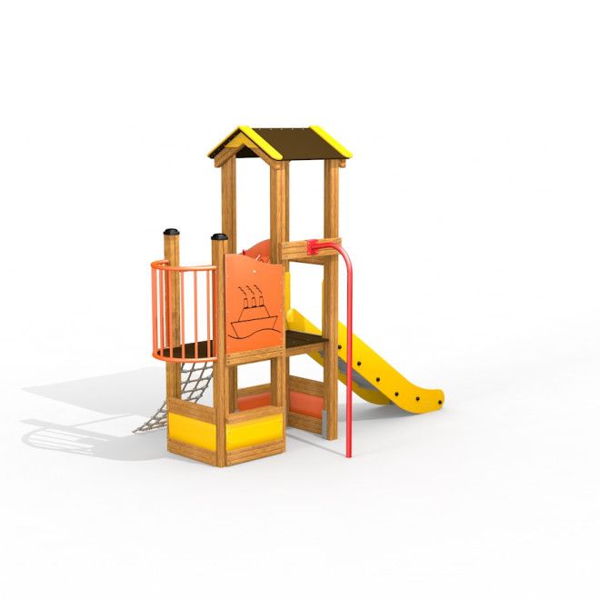Dřevěná herní konstrukce Dixie playhouse with slide se žlutou skluzavkou a lezeckými prvky