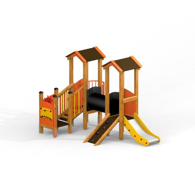 Smart playhouse with slide herní konstrukce z dřeva a plastu s lezeckou stěnou a žlut