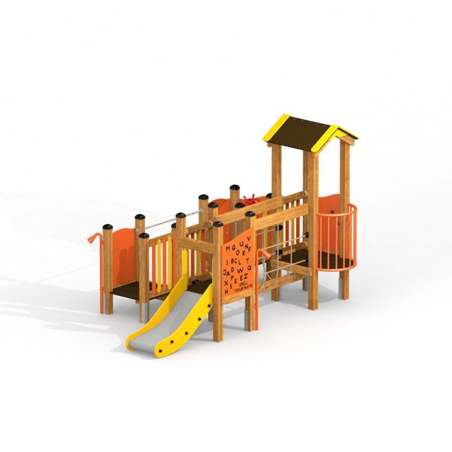 Rubik playhouse with slide dřevěná herní konstrukce s lezeckými prvky a žlutou skluzavkou