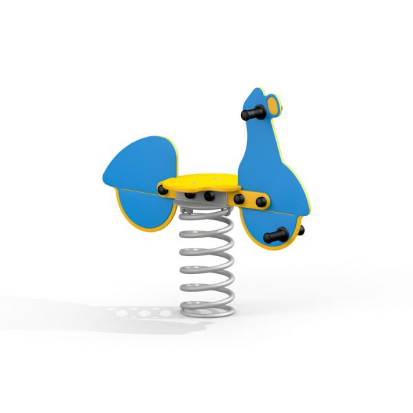 Modro-žlutá Scooter rocking hračka na hřišti na pružinové základně.
