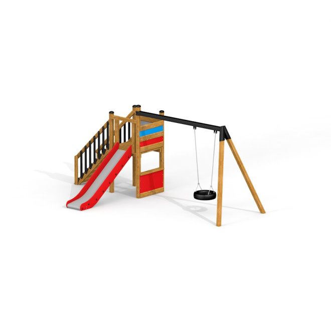 Single Swing with Tower single slide herní vybavení s dřevěným rámem, červenou skluzavkou a pneumatikovou houpačkou
