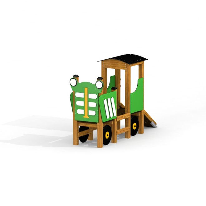 Dřevěné dětské hřiště Tractor se zelenými panely a skluzavkou.