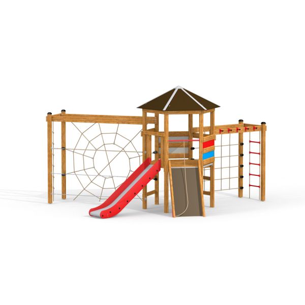 Six angle single slide lezecká konstrukce na hřišti s červenou skluzavkou a lanovou sítí.