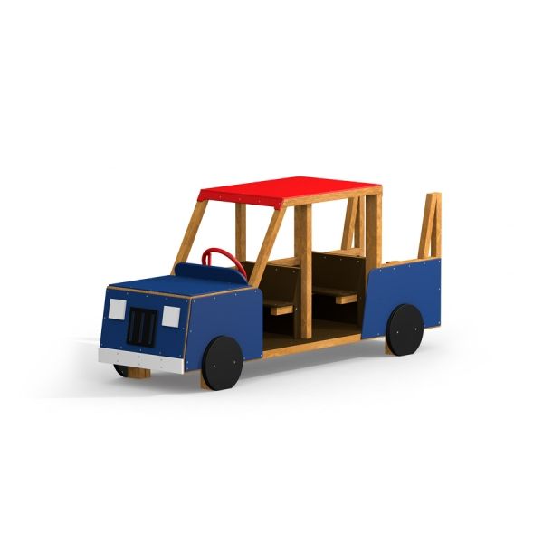Dřevěné herní Truck s modrým exteriérem a červenou střechou.