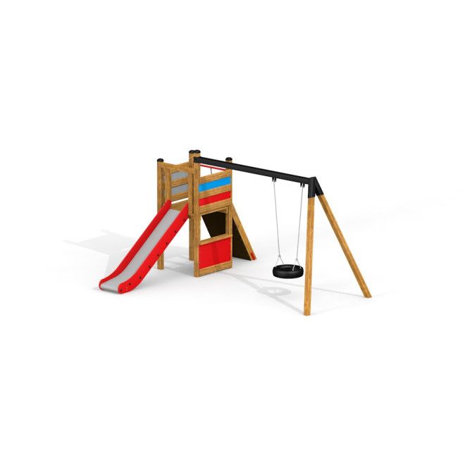 Single Swing with Tower single slide herní sestava s dřevěnou konstrukcí, červenou skluzavkou a čern