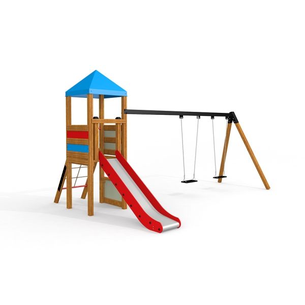 Double Swing with Tower playhouse with slide, dřevěná herní sestava pro děti