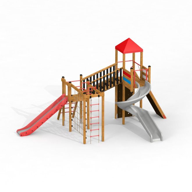 Herní vybavení Twister castle with slide s lezeckými prvky a červenou střechou