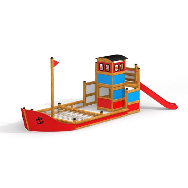 Hřišťové vybavení Fisher Boat Ship Sandbox se skluzavkou a lezeckou konstrukcí.