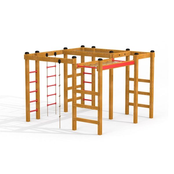 Chimpanzee wooden playhouse s lezeckými lany a žebříky.