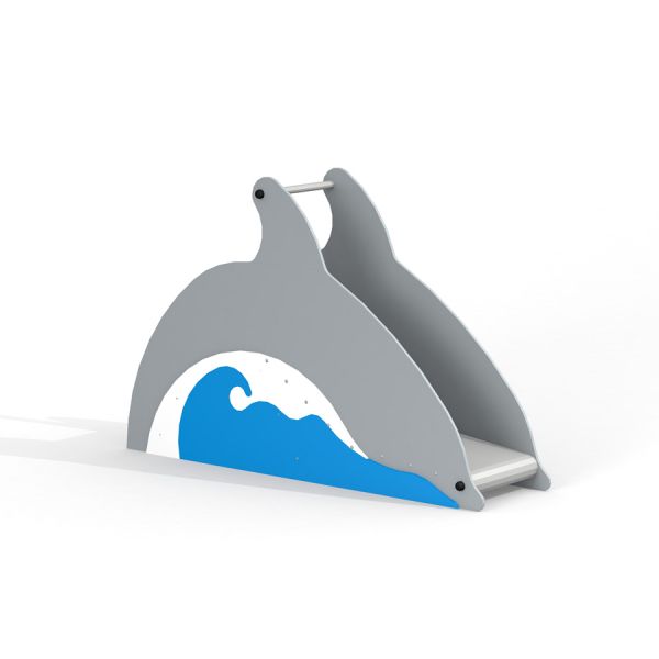 Dětské hřiště Dolphin Slide v šedé barvě s modrým vlnovým motivem.