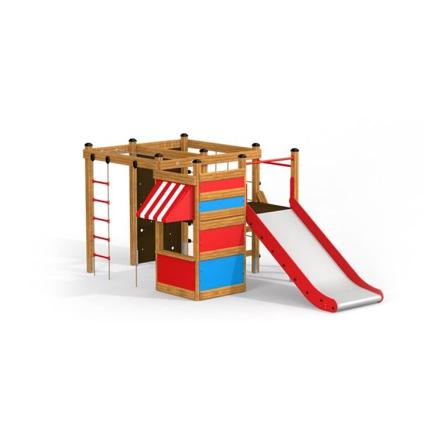 Lezecká konstrukce hřiště se širokou skluzavkou, Climbing Kiosk od Lars Laj.
