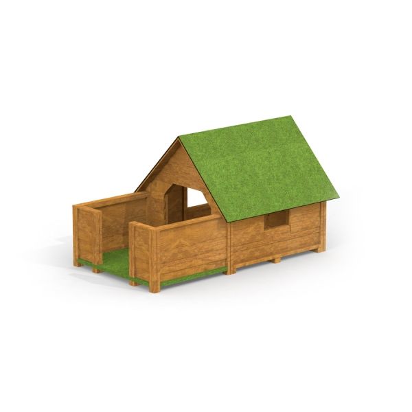 Dřevěný domeček na hraní Veranda House Nature Grass Roof se zelenou střechou.