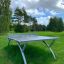 Outdoor Table Tennis v travnatém venkovním prostředí se stromy v pozadí.
