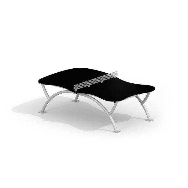Outdoor Table Tennis Organic se zakřiveným černým hracím povrchem a stříbrnými nohami.