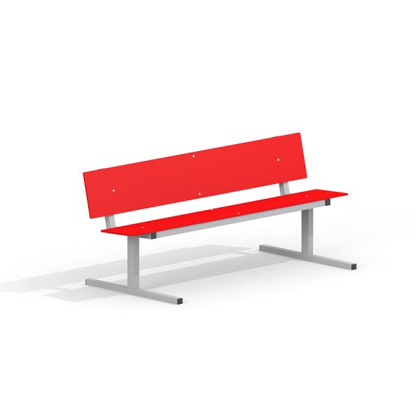 Červený HPL Bench Freestanding se stříbrným rámem, vhodný pro venkovní parky a veřejná prostranství.