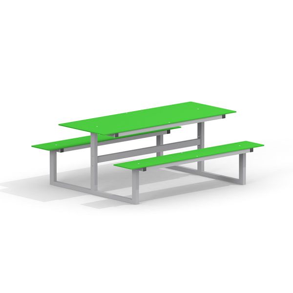 Zelený Table & Bench HPL, kovový rám, izolovaný na bílém pozadí.