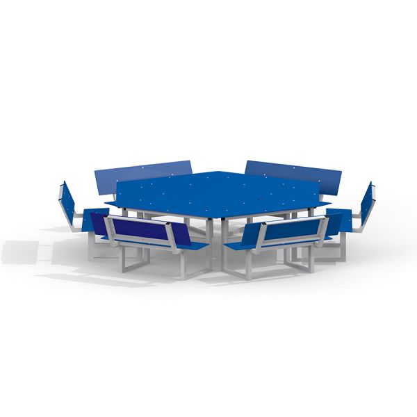 Šestiúhelníkový modrý piknikový stůl se šesti připojenými lavicemi, Table & Bench 6 Seats HPL.