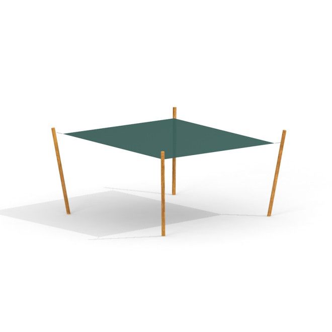 Sun Shade Square Nature (Robinia) se zelenou látkou a dřevěnými sloupy pro zastínění hřiště